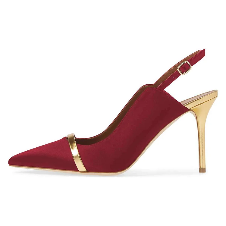 Burgundy Pointed Toe Gold Strap Slingback Stiletto Heel Pumps Vdcoo