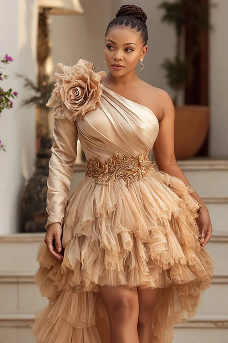 Xpluswear Design Plus Size Wedding Guest Tulle Champagne One Shoulder Long Sleeve Ruffle Elegant 3D Satin Mini Dresses [Pre-Order]