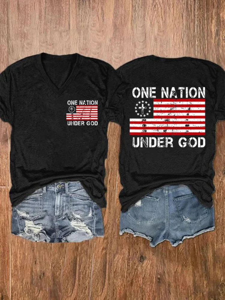 VChics V-neck One Nation Under God Flag Print T-Shirt