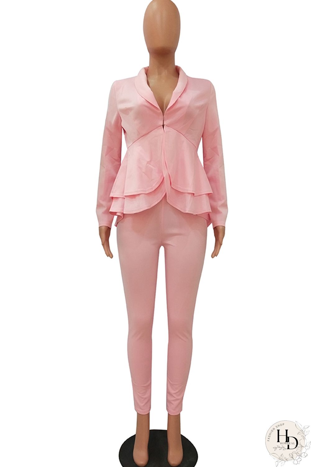 Black Casual Two Piece Suits Patchwork ruffle Solid pencil Long Sleeve