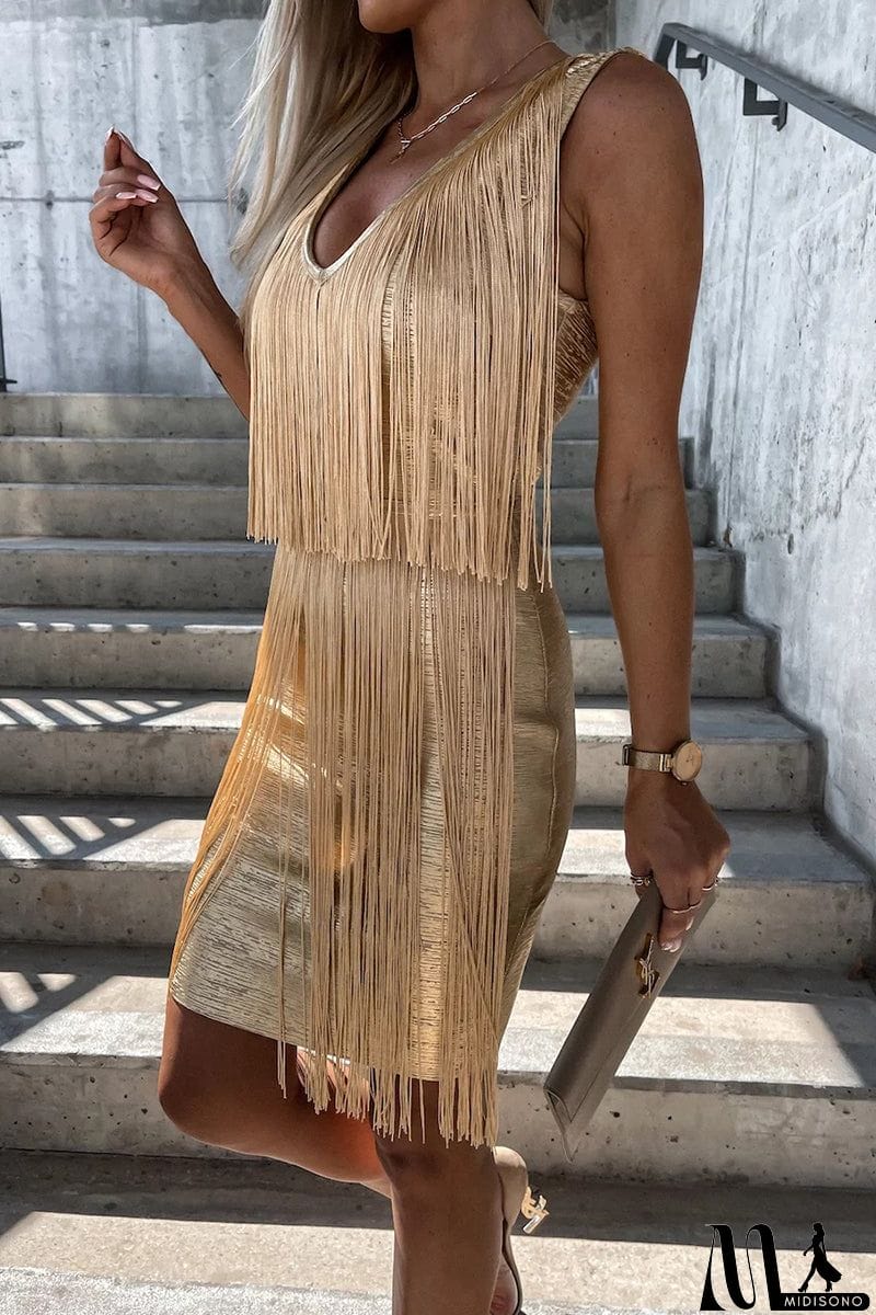 MidiSono - Sexy Party Solid Tassel V Neck Wrapped Skirt Dresses