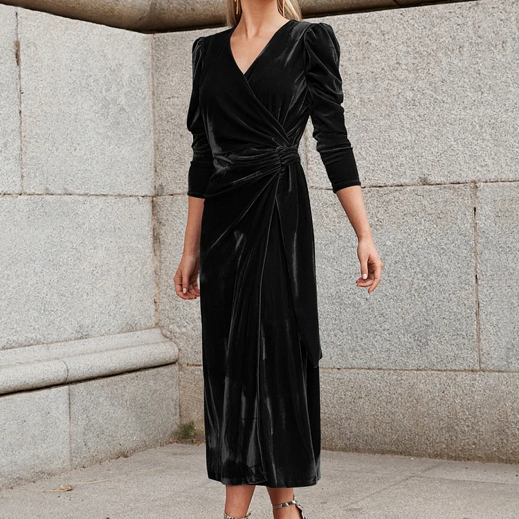 Women's Velvet Party Dress Celebrities Elegant Solid Strap Design V Neck Princess Dresses