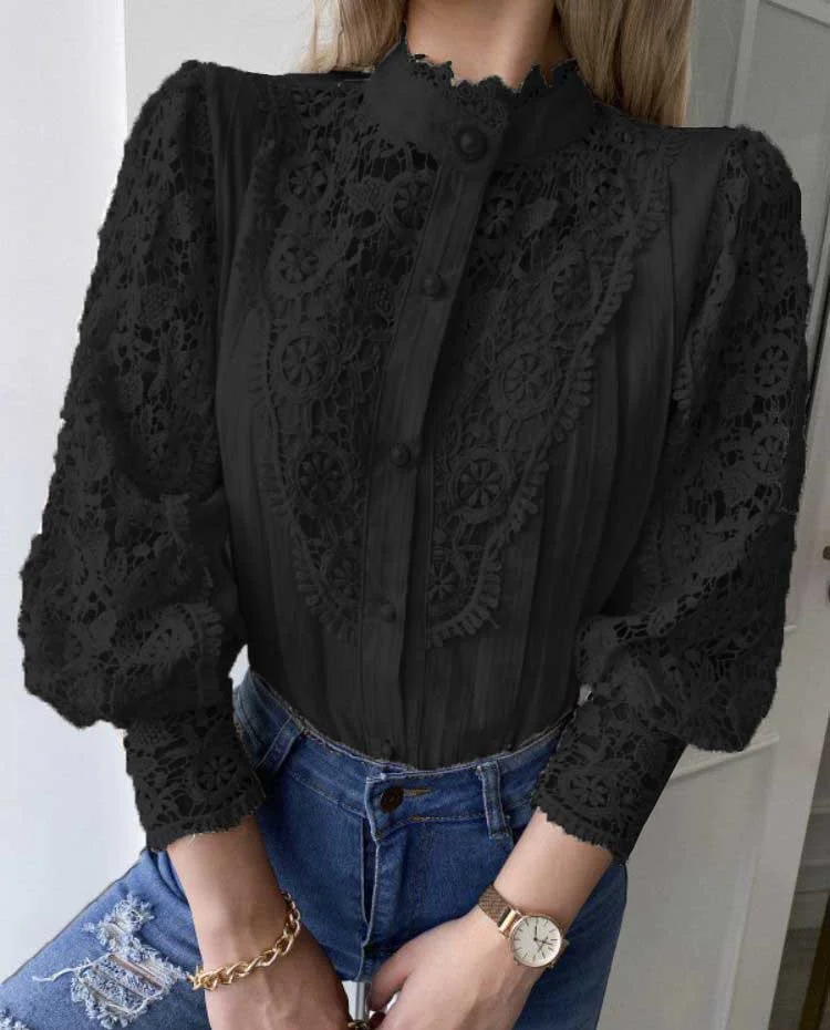 Women's lace sexy stand-up collar long-sleeved shirt for women_ viptrois