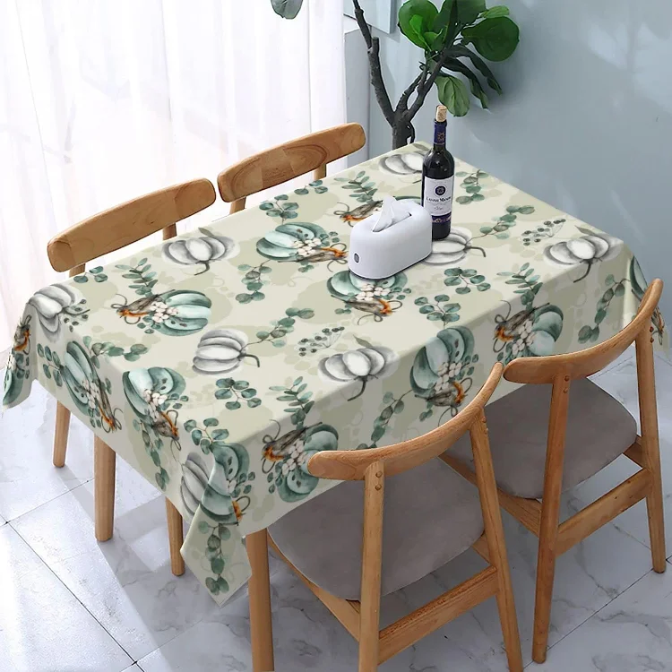 Fall Pumpkin Eucalyptus Leaves Rectangle Tablecloth Kitchen Table Decor Reusable Waterproof Tablecloth Thanksgiving Decorations