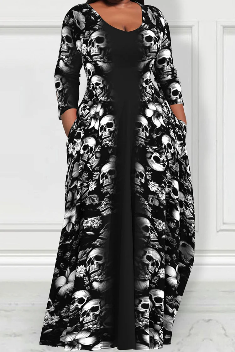 Xpluswear Design Plus Size Halloween Black Horror Skull Floral Print  Pockets Long Sleeve Maxi Dresses - Xpluswear.com