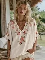 Women's Vintage Floral Art Linen Short Sleeve T-shirt - Image 6