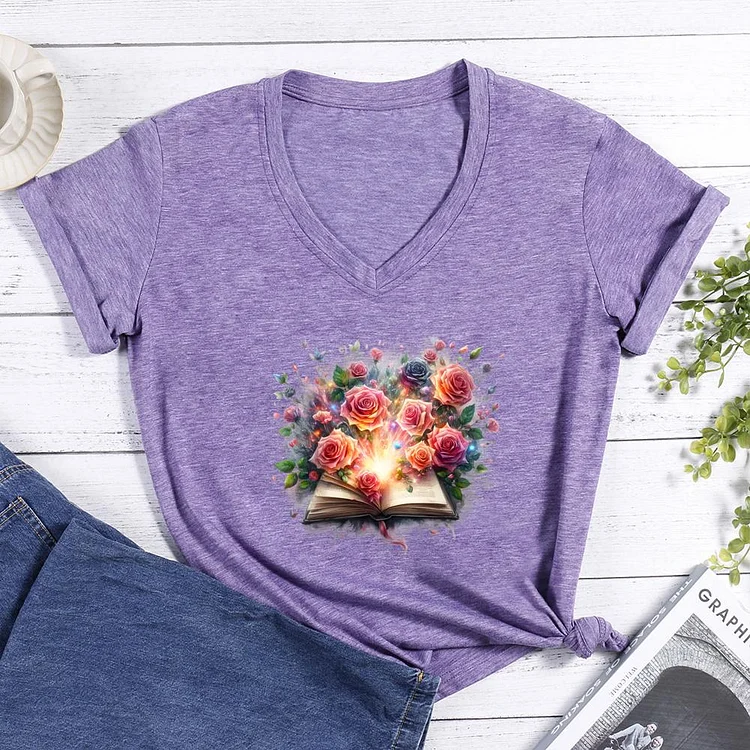 glowing book V-neck T-shirt-0025788