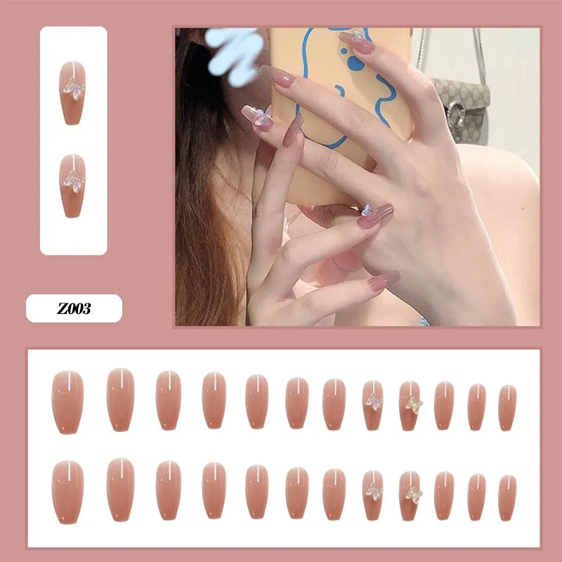 24pcs Butterfly decorated false nails Removable Long Paragraph Fashion Manicure press on nail tips full cover acrylic for girls-Nail Inspo