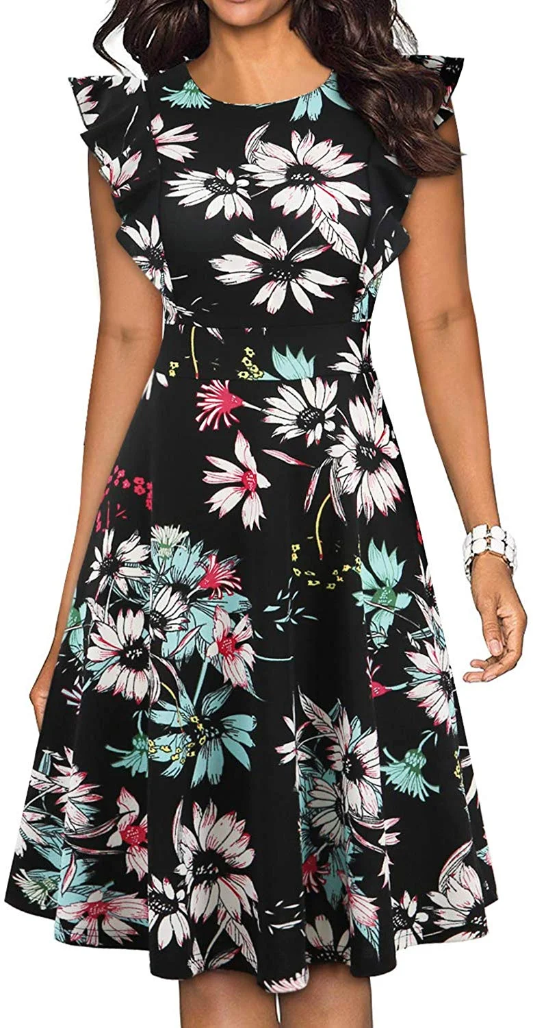 Women's Vintage Ruffle Floral Flared A Line Swing Casual Cocktail Party Dresses