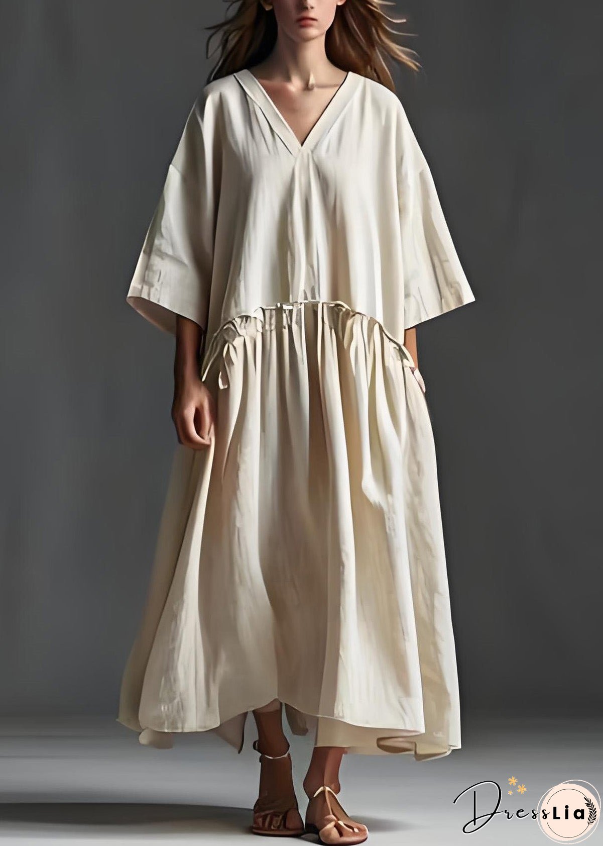 Italian Beige V Neck Wrinkled Patchwork Linen Long Dress Summer