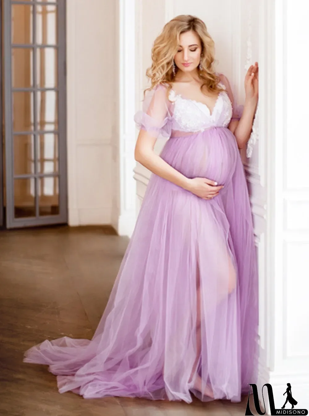 MidiSono - Women Summer Purple Sweet V-neck Short Sleeves Solid Lace Maternity Dress