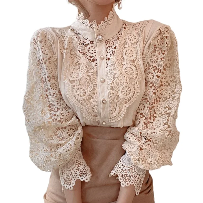 2021 Spring Chic Button Hollow Out Flower Lace Patchwork Shirt Stand Collar Femme Blusas Petal Sleeve Women Blouses All-Match