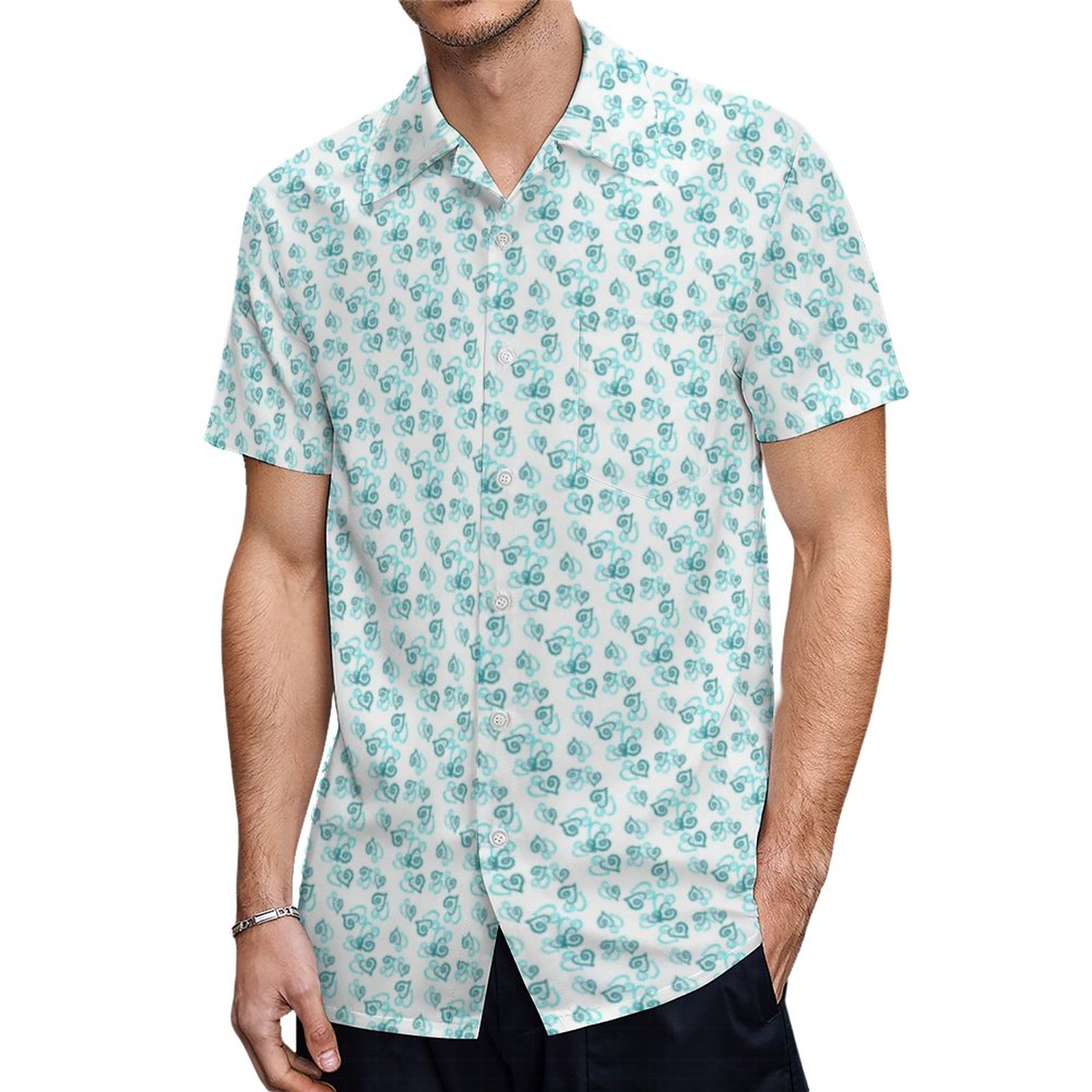 Small Linked Teal Hearts Pattern Over White Hawaiian Shirt Mens Button Down Tropical Hawaii Beach Shirts