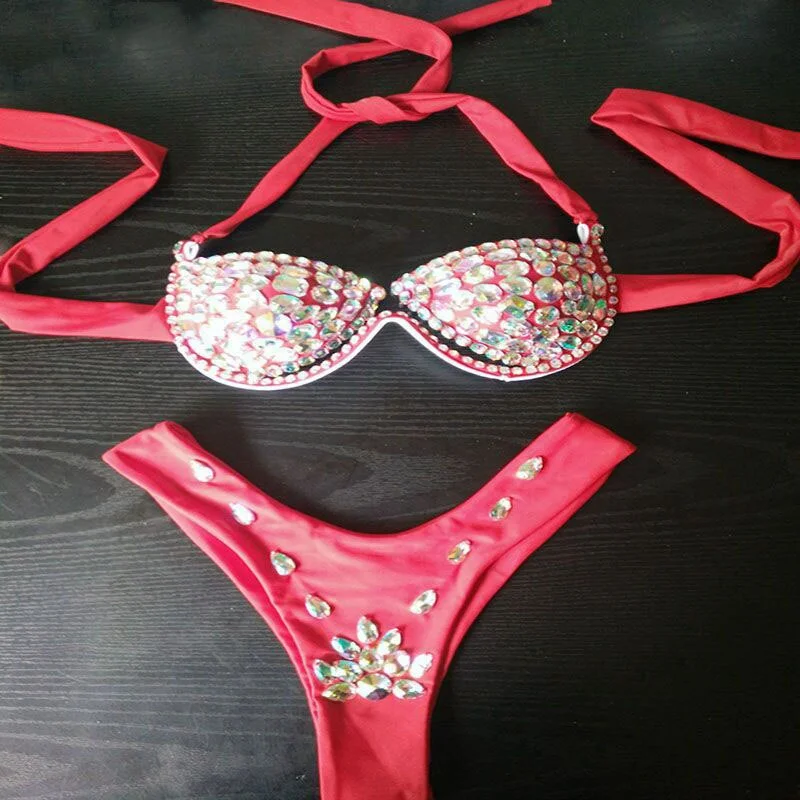 Uveng Big Gems Rhinestones Bikini Set Women Sexy Push Up Bra High Cut