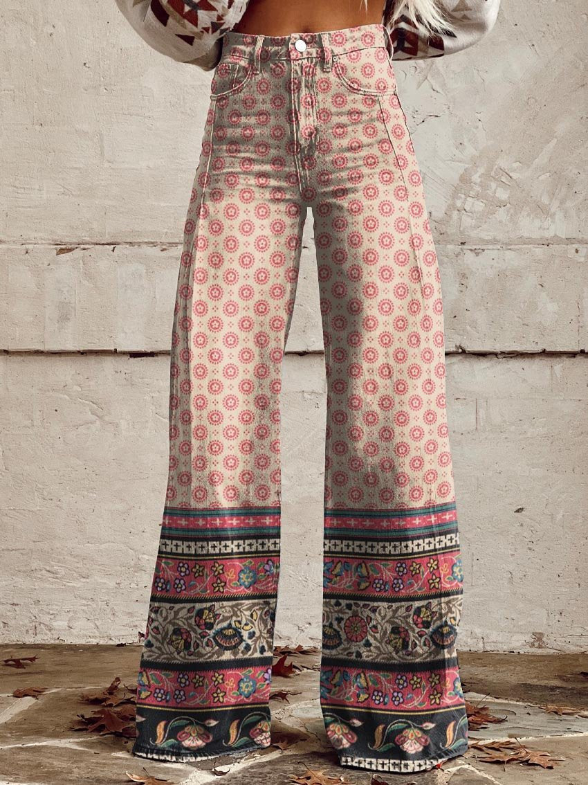 Women's Pink Print Casual Wide Leg Pants