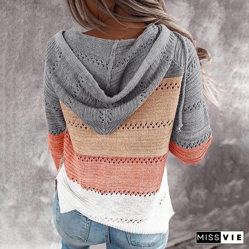 New Fashion Stitching V-neck Hooded Sweaters for Women Autumn Hollow-out Knitted Sweater Color Block Pullover Hoodies Coat
