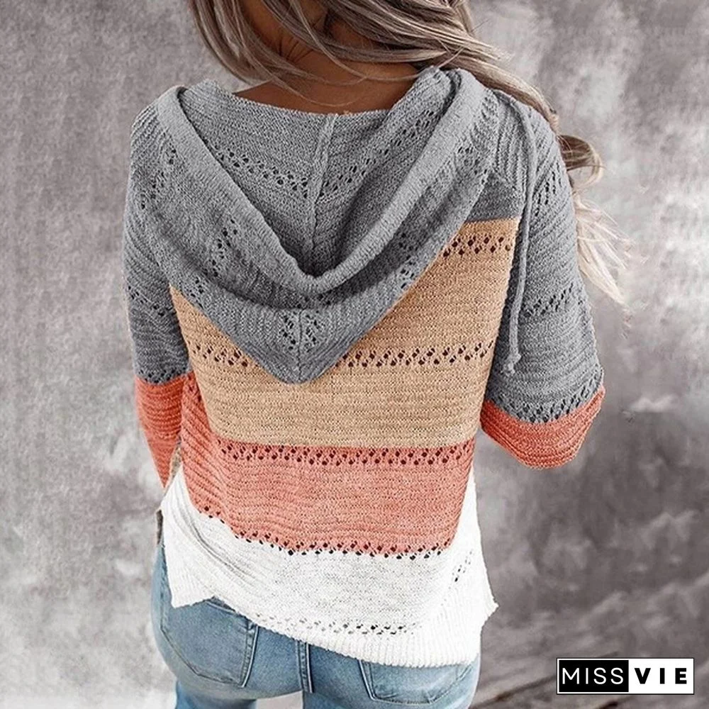 New Fashion Stitching V-neck Hooded Sweaters for Women Autumn Hollow-out Knitted Sweater Color Block Pullover Hoodies Coat
