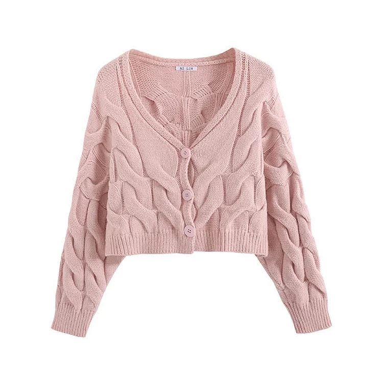 Cable Knit V-neck Cardigan Sweater Doll Collar Pearl A-line Dress - Modakawa modakawa
