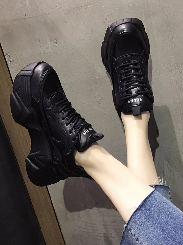  Women Platform Sneakers Leather Casual Ladies Chunky Shoes 2022 White Woman High Black Fashion Brand Thick Soled Wedge Sneakers