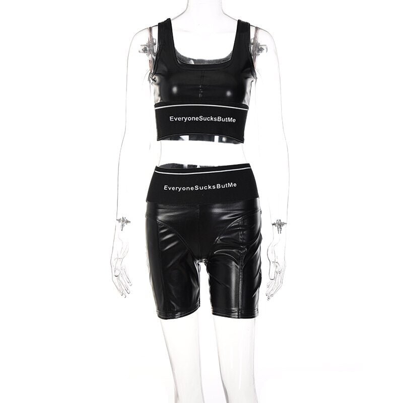 Hugcitar Pu Leather Patchwork Letter Print  Tank Pants 2 Pieces Set Solid 2022 Spring Bodycon Streetwear Evening Party Y2K Wear