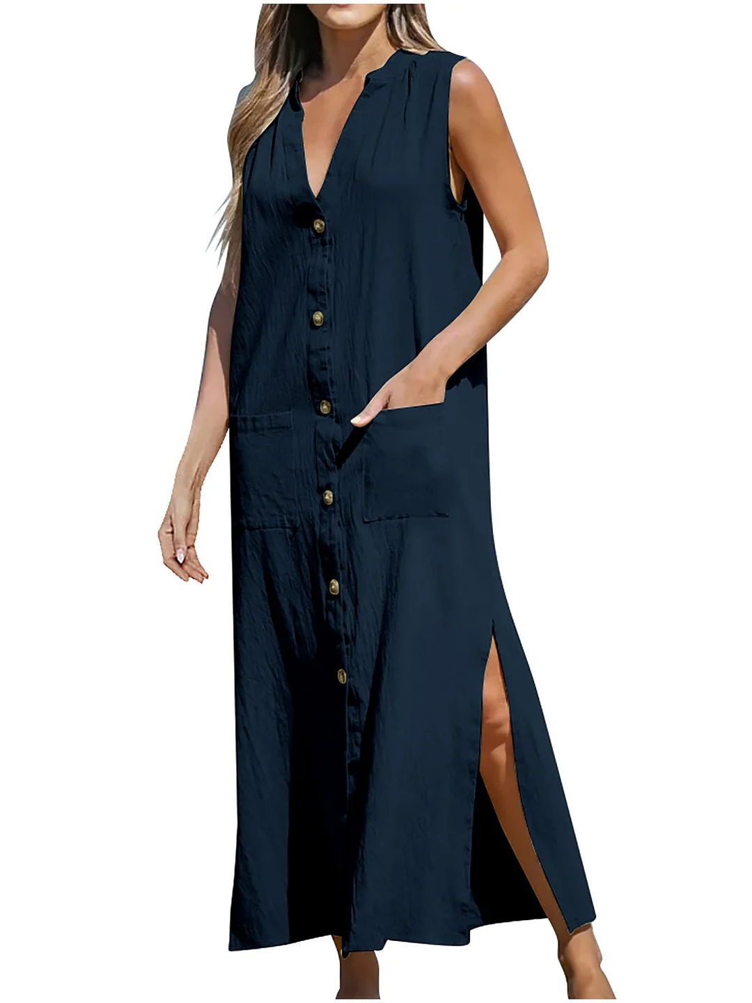 Women plus size clothing Women's Sleeveless V-neck Solid Color Buttons Pockets Maxi Dress-Nordswear