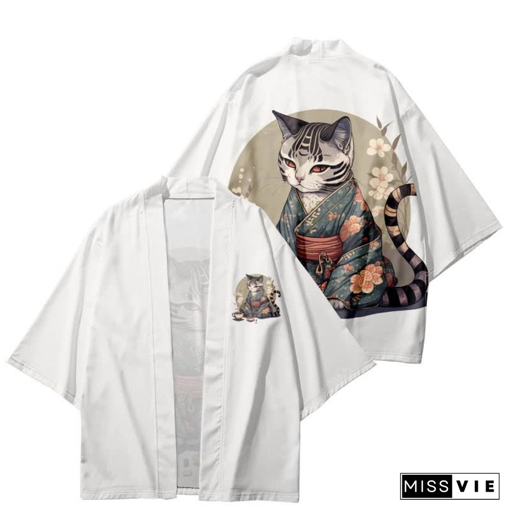 Vintage Cat Warriors Print Cardigan Kimono Outerwear