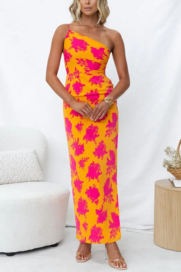 Right Time Floral Print One Shoulder Slit Party Maxi Dress