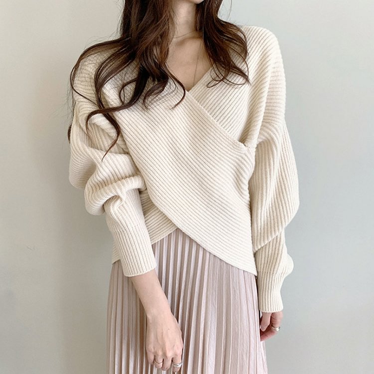 Loose V-neck Stripe Puff Sleeve Sweater - Modakawa Modakawa