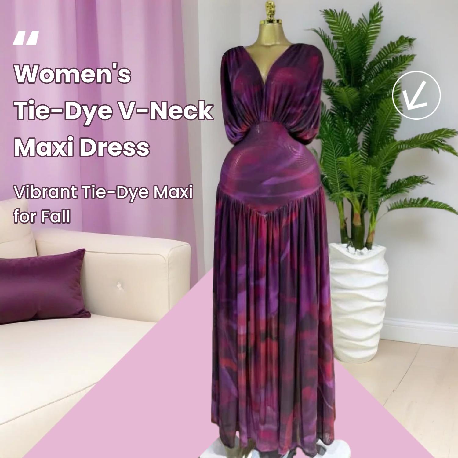 PULKRITU Women's Lady Tie-Dye Print V-Neck Batwing Short Sleeve Maxi Dress, Womenswear Autumn Birthday Party Vacation Gown, Sexy Evening Dress, Elegant Dress, Pleated A-line Trendy Floor Length Dresses, Streetwear Beach Clothing PULKRITU Women's Lady Tie-Dye Print V-Neck Batwing Short Sleeve Maxi Dress, Womenswear Autumn Birthday Party Vacation Gown, Sexy Evening Dress, Elegant Dress, Pleated A-line Trendy Floor Length Dresses, Streetwear Beach Clothing