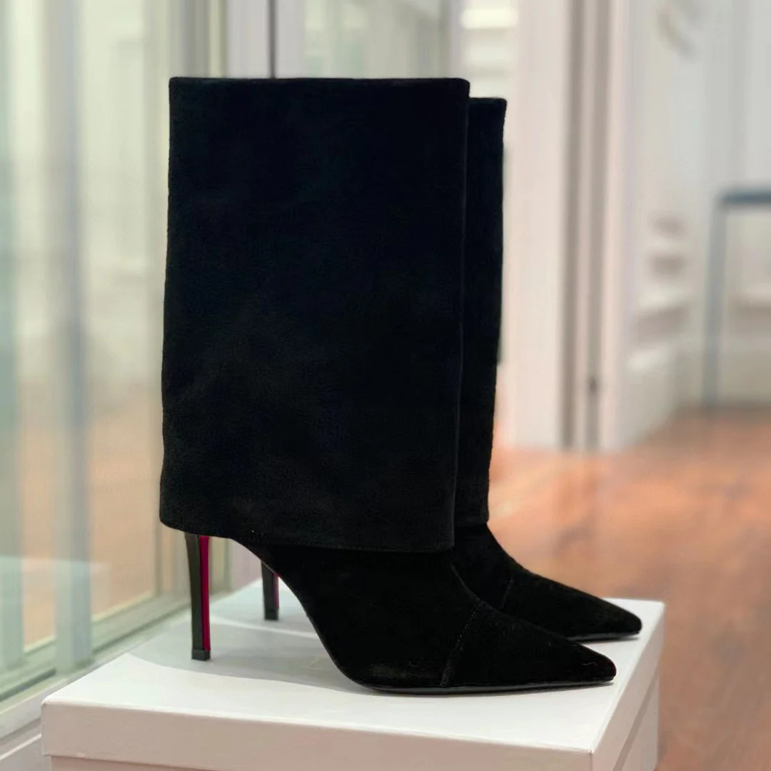 100mm Women's Pointed Toe Stiletto Heel Red Bottom Ankle Boots Suede Boots-MERUMOTE