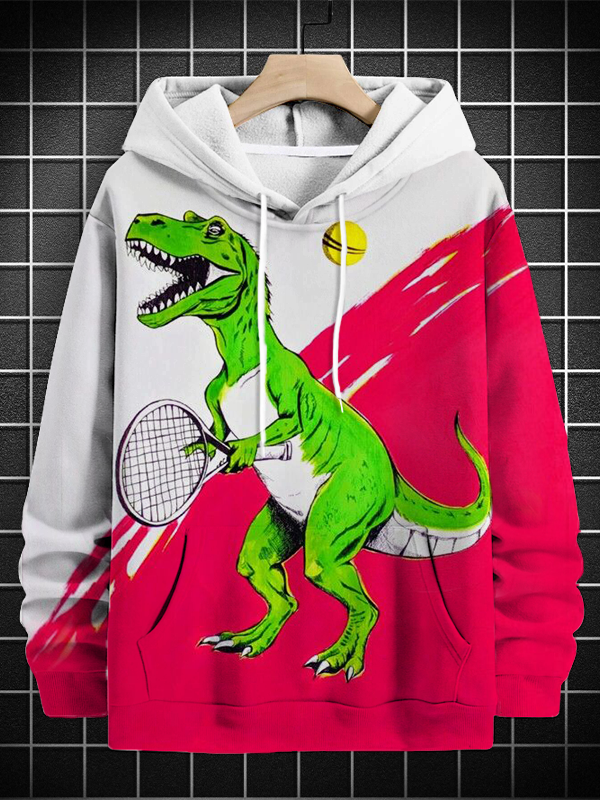 Men's Dinosaur Playing Tennis Color Block Art Print Hooded Sweatshirt