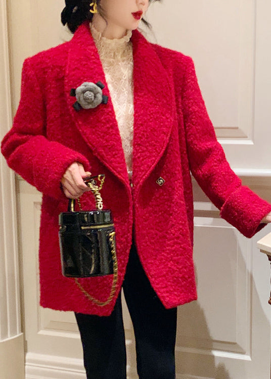 VCSHOES Red Peter Pan Collar Button Pockets Woolen Coat Long Sleeve