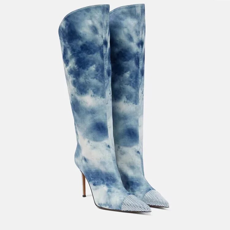 VCSHOES Loose Jeans Booties Women's Knee Boots Stiletto Heels Pointed Toe Women Knee High Boots Shoes 44