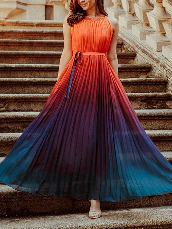 New gradient big round neck sleeveless lace-up dress