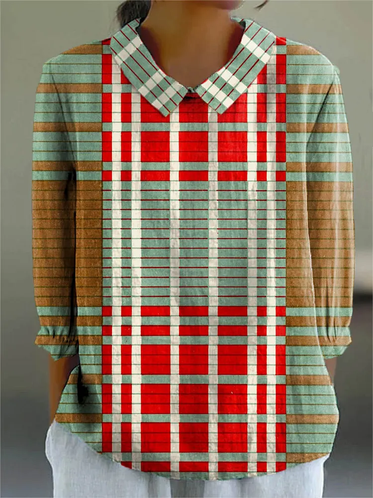 Women's Abstract Geometric Pattern Art Print Casual Cotton And Linen 3/4 Sleeve Shirt