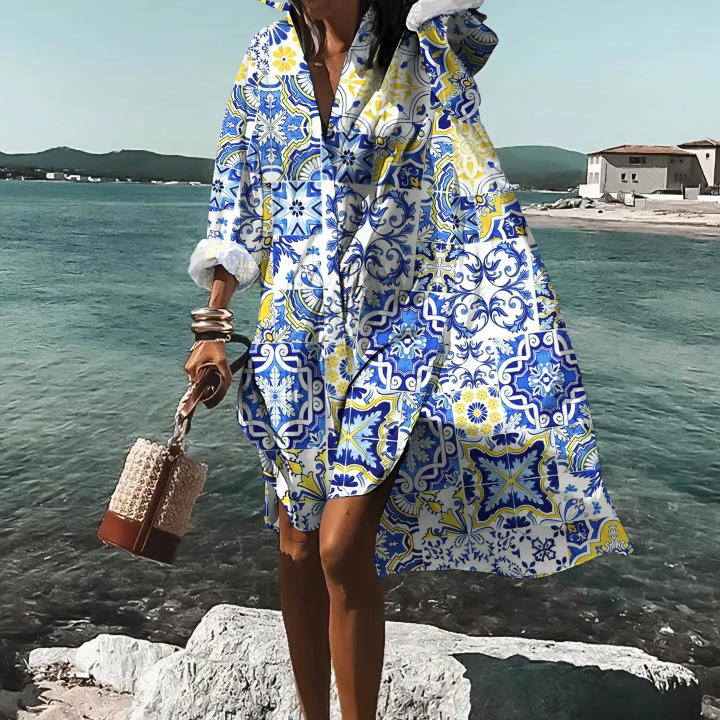 Summer Mediterranean Style Sicilian Ceramic Mosaic Shirt Midi Dress elevenforest