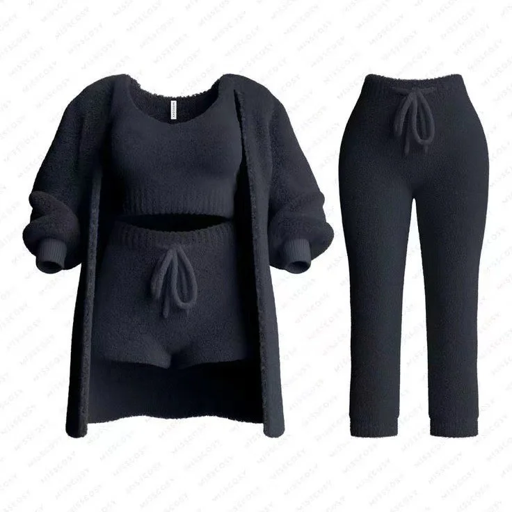 Uveng Uveng 2025 New Knitted Plush Long-Sleeved Coat Vest Shorts Four-Piece Set + Three-Piece Set