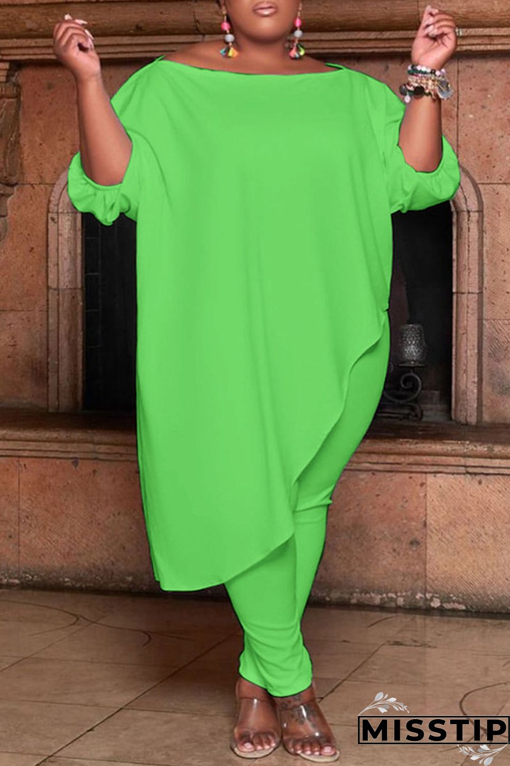 Green Fashion Casual Solid Asymmetrical Oblique Collar Plus Size Two Pieces
