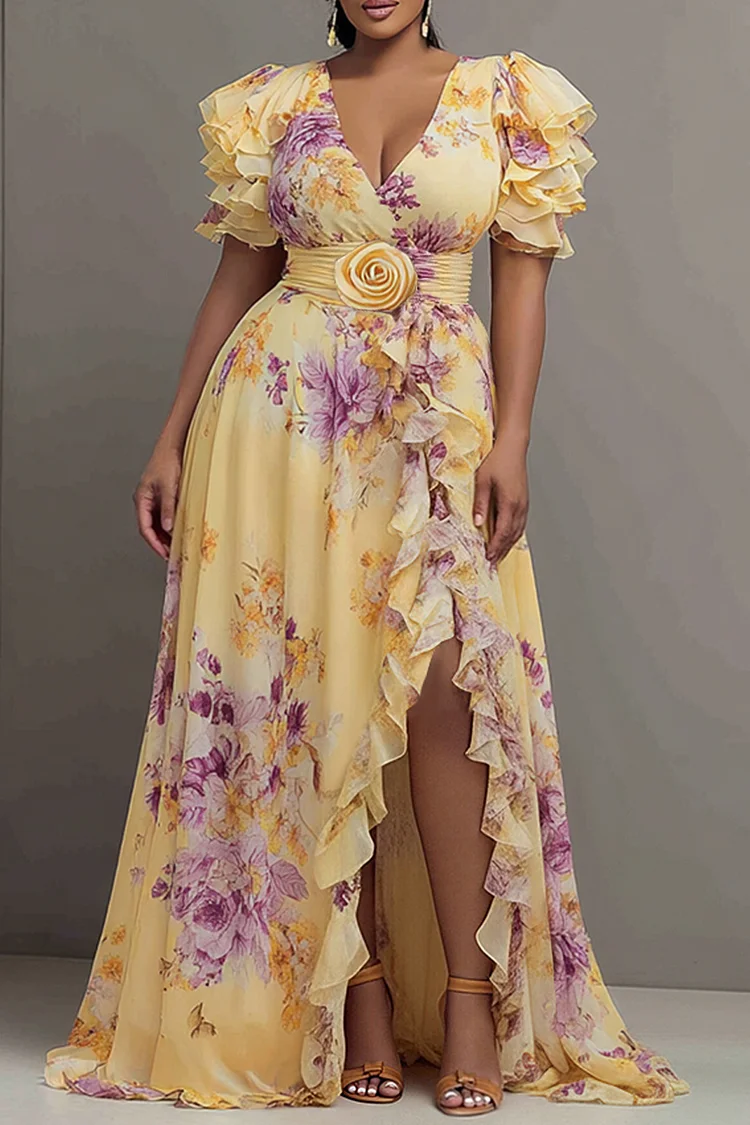 yellow chiffon dress plus size Maweii Mustard Yellow Summer Elegant Holiday Plus Size Chiffon Dress,V-Neck Split Sleeve Long Dress,Waist Cinched Flared Evening Gown,Beach Vacation Style