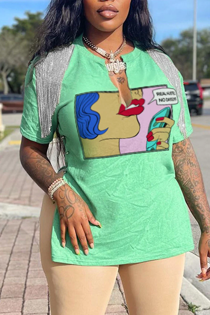Light Green Casual Street Print Tassel Patchwork V Neck T-Shirts | EGEMISS