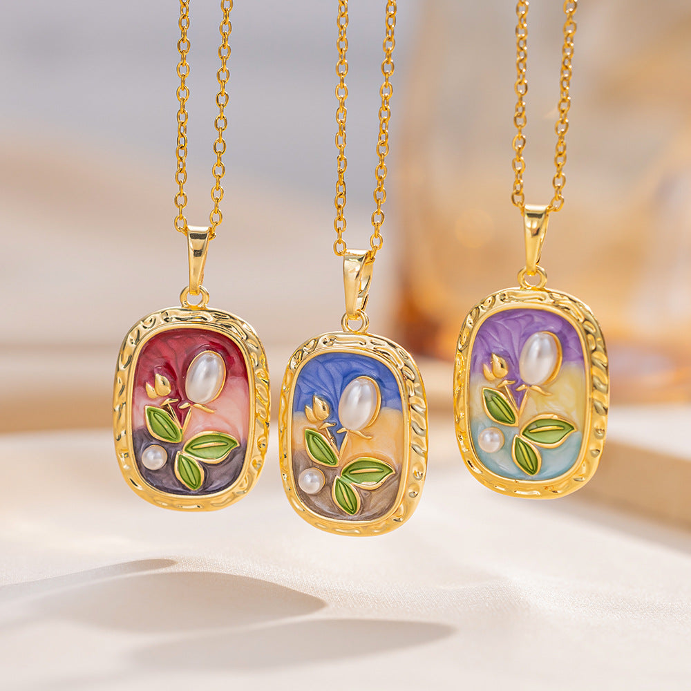 French Retro Pearl Drop Necklace Enamel High-Grade Flower Pendant Stainless Steel Chain