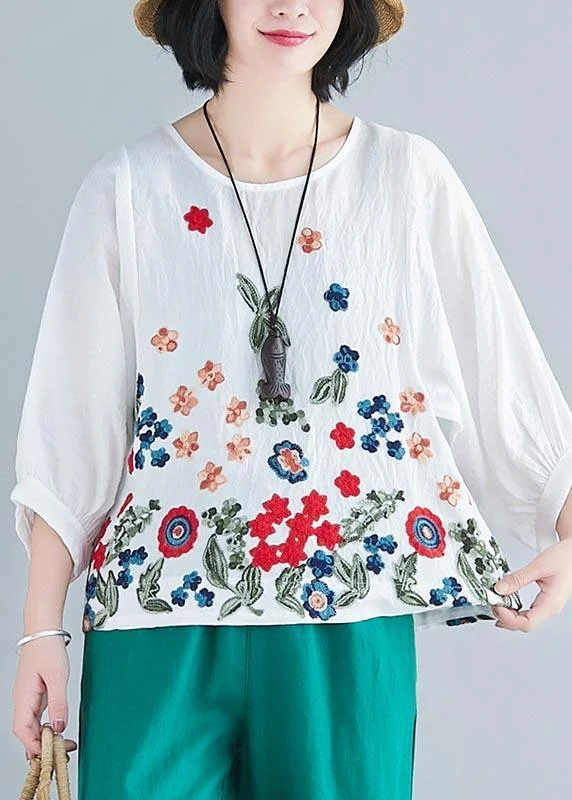 Italian White Print Batwing Sleeve Cotton Linen Summer Top