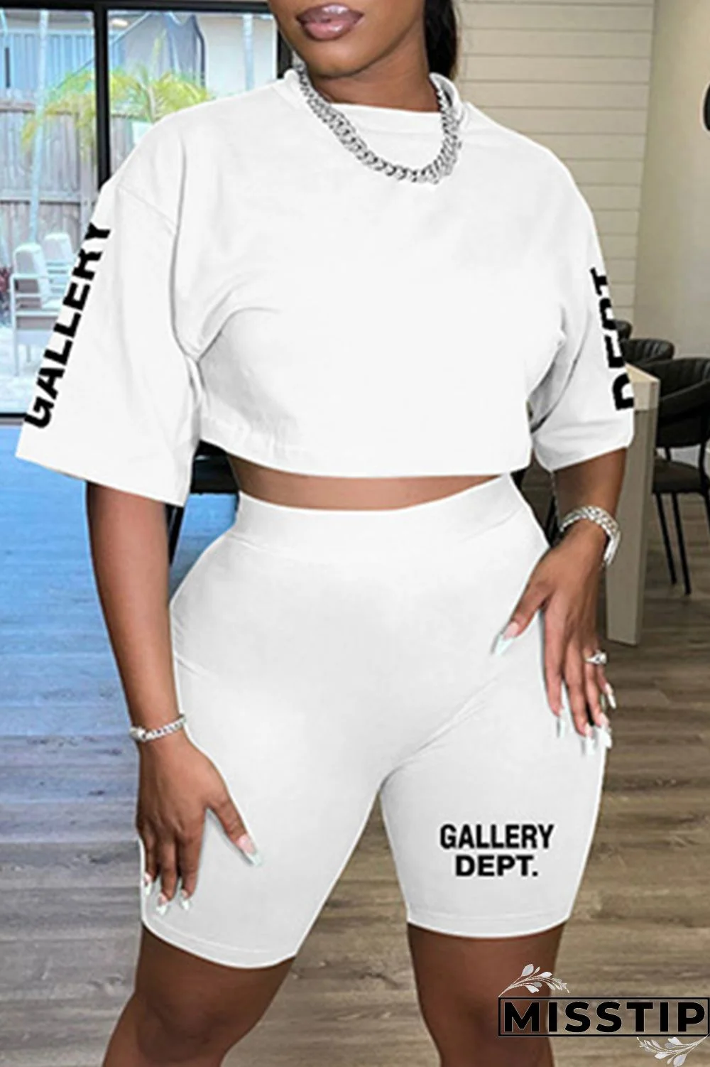 White Casual Letter Print Basic Oblique Collar Half Sleeve Two Pieces