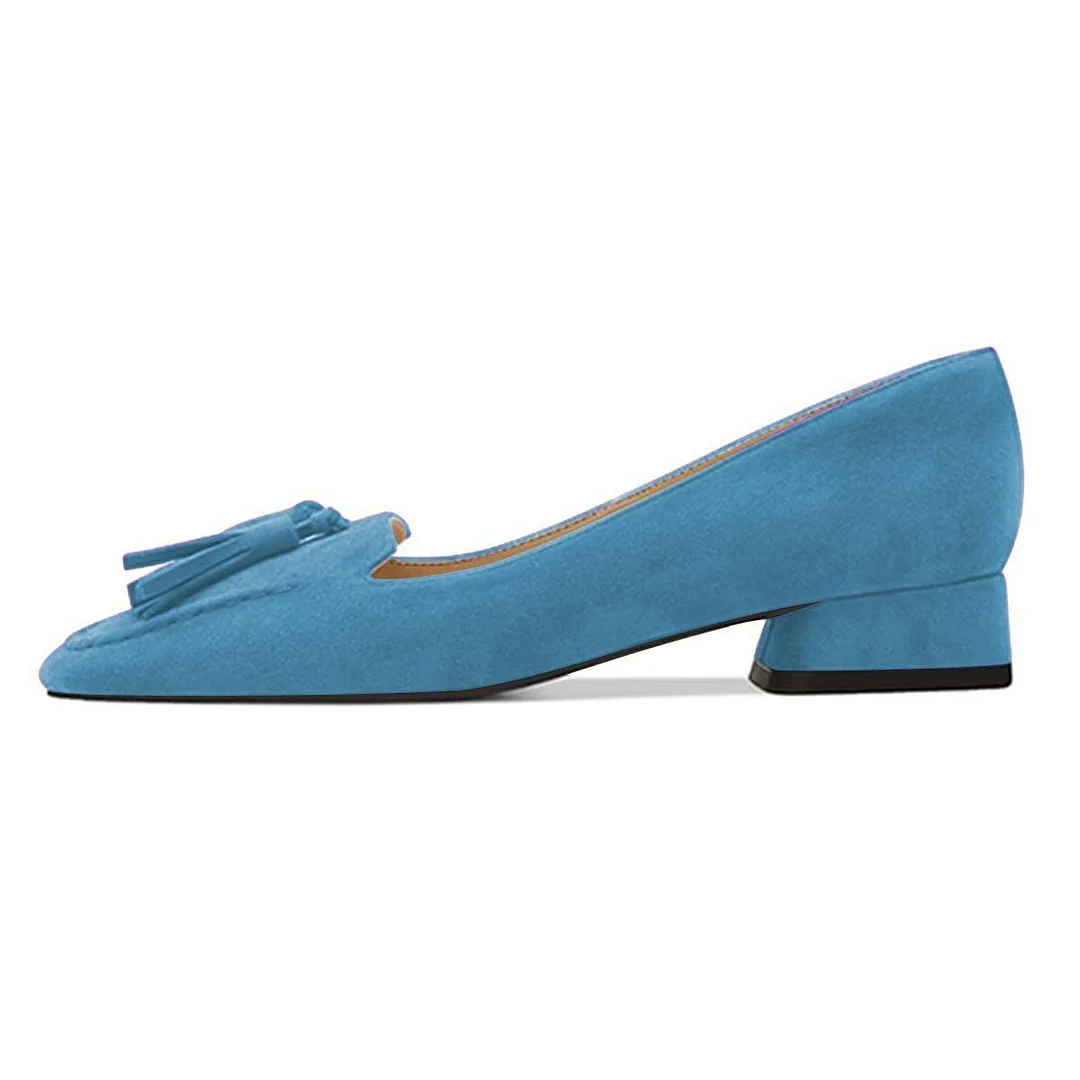 Blue Vegan Suede Block Heel Loafer Pumps Shoes with Tassels