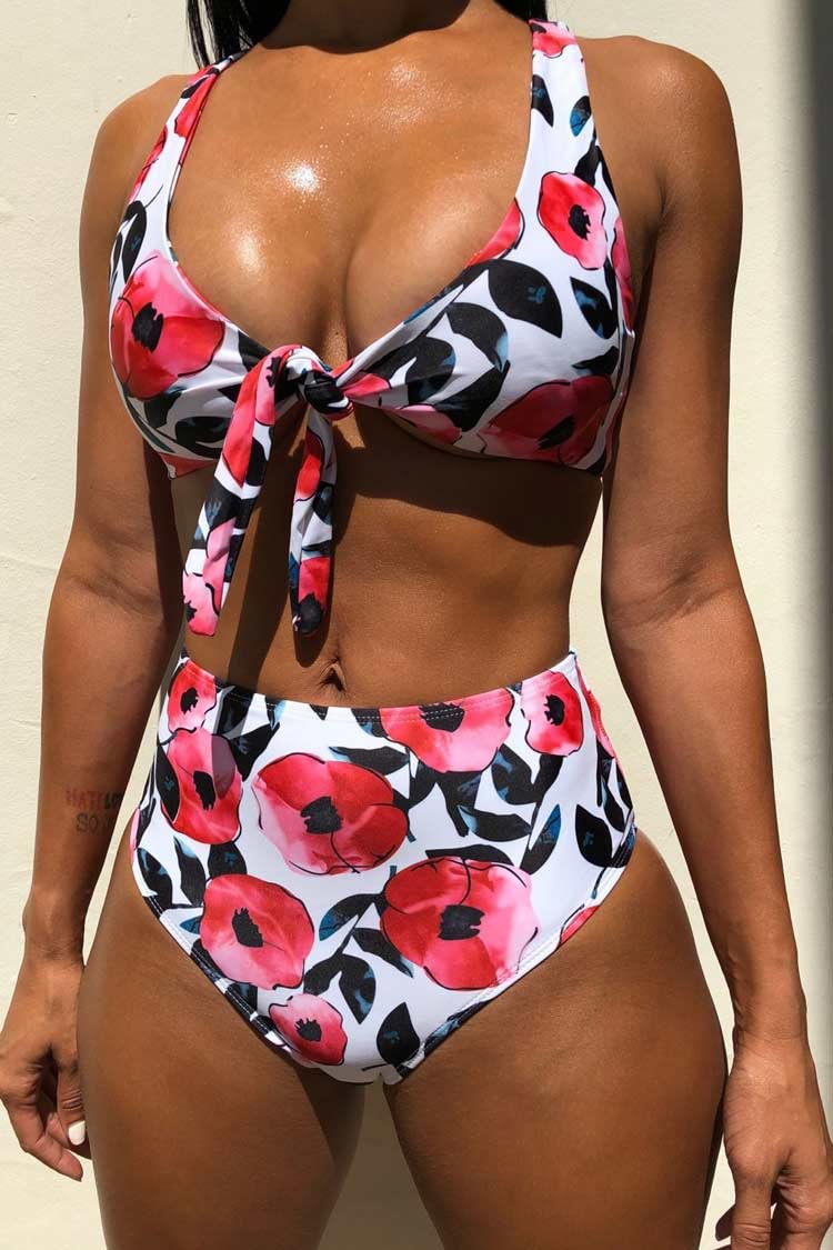 Blooming Floral Knotted Front High Waisted Bikini Swimsuit - Two Piece Set-elleschic