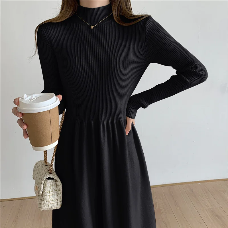 Ueong Collar Knitted Dress Apricot Color Shows Thin Medium And Long Hem A-Shaped Skirt Bottomed Out Wearing Long-Sleeved Sweater Skirt Trend