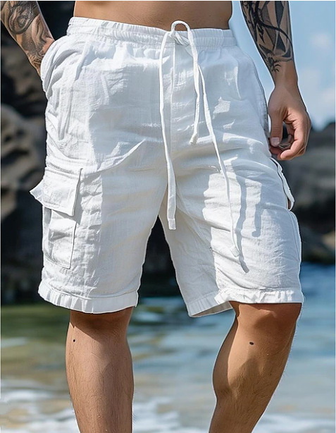 Men's daily casual cotton and linen solid color breathable five-point casual pants