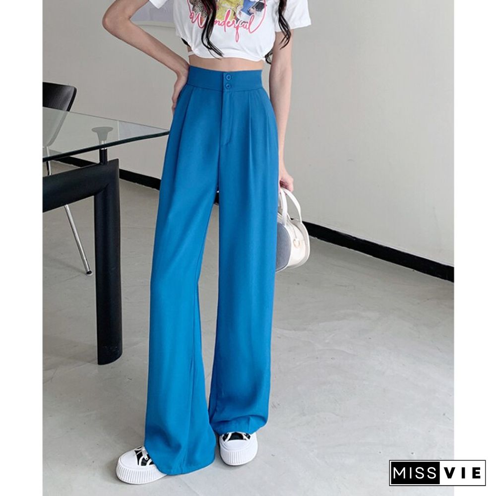 New Two-button Elastic Waist Suit Wide Leg Pants Women High Waist Loose Casual Trouser Female Fashion Baggies Bottom