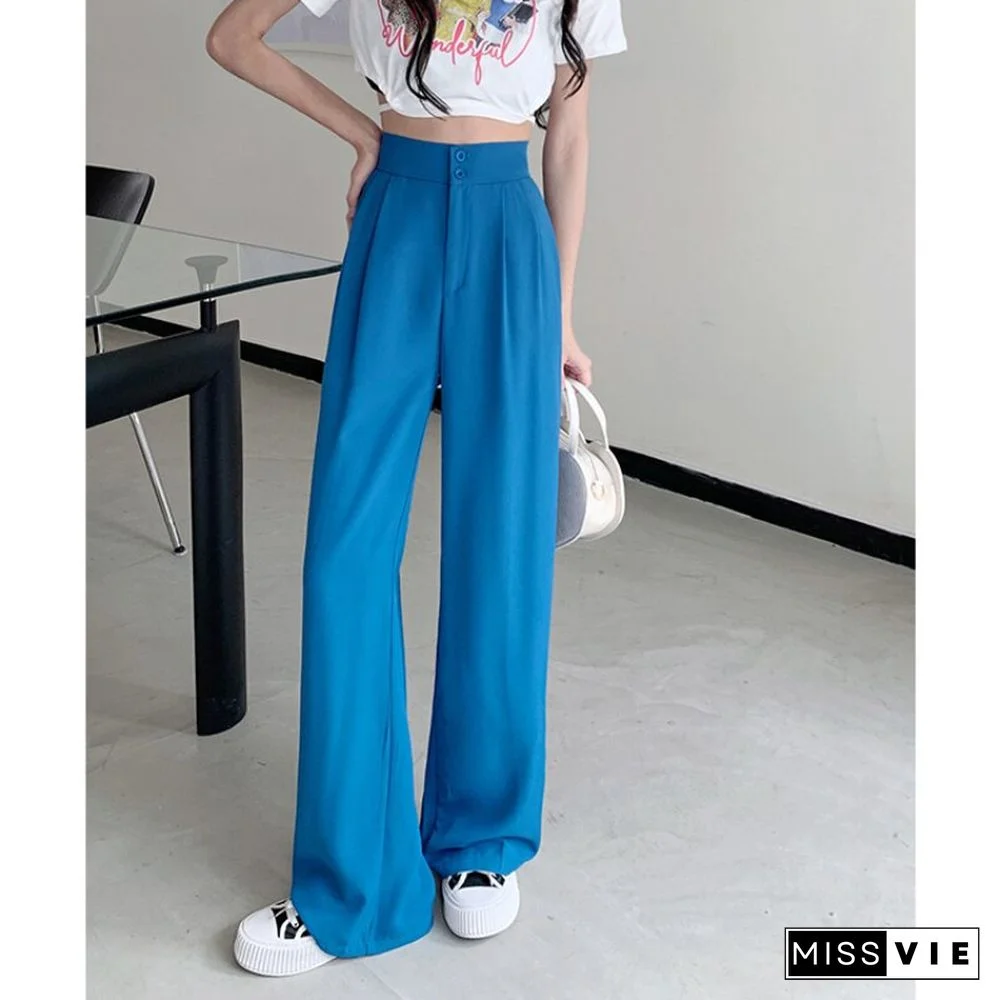 New Two-button Elastic Waist Suit Wide Leg Pants Women High Waist Loose Casual Trouser Female Fashion Baggies Bottom