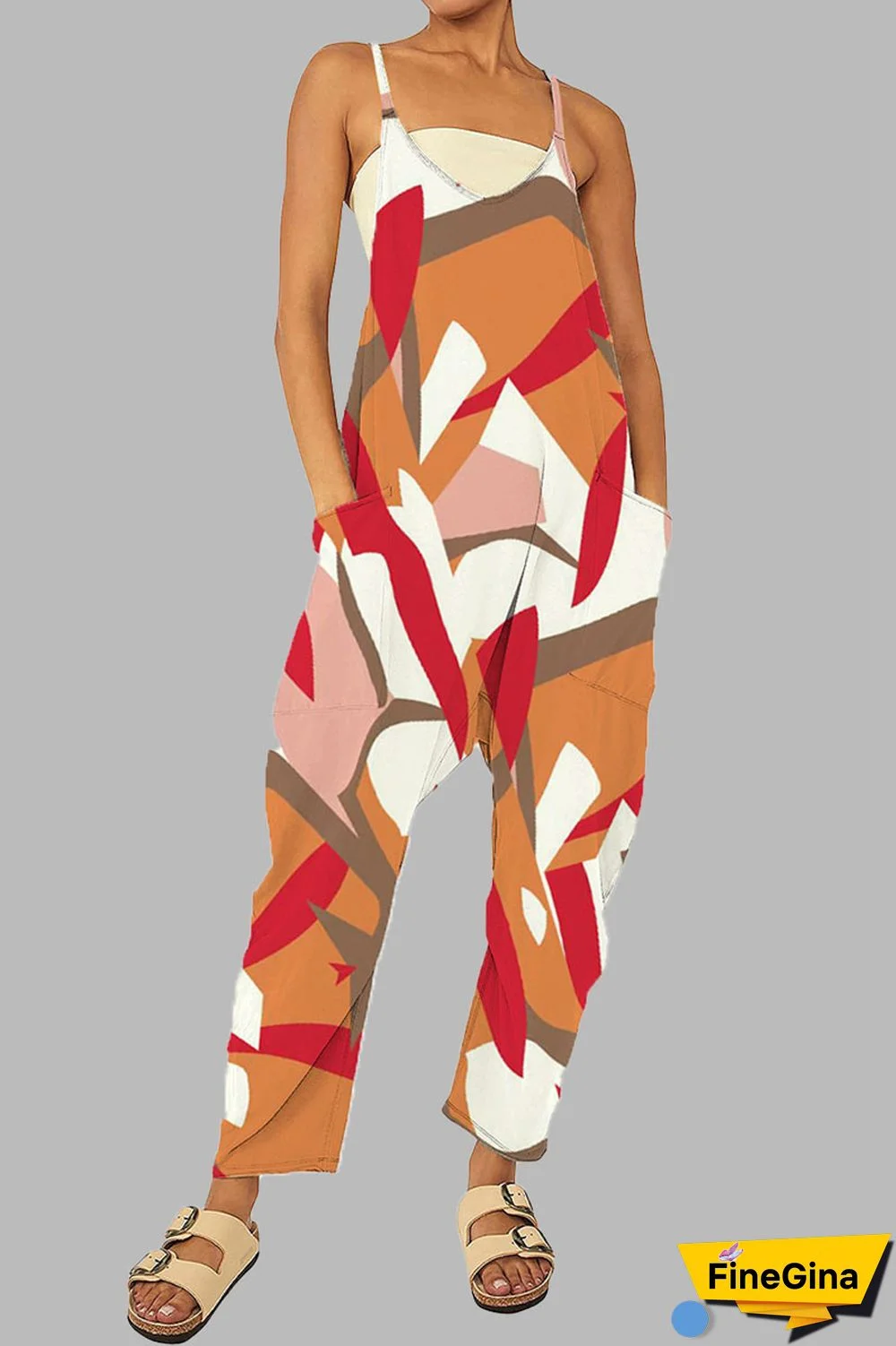 Black khaki Casual Gradual Change Print Patchwork Pocket Zipper Spaghetti Strap Loose Jumpsuits